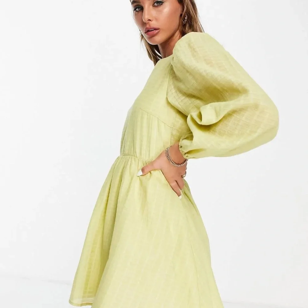 Ghospell a-line mini dress with puff sleeve in bright yellow SZ L